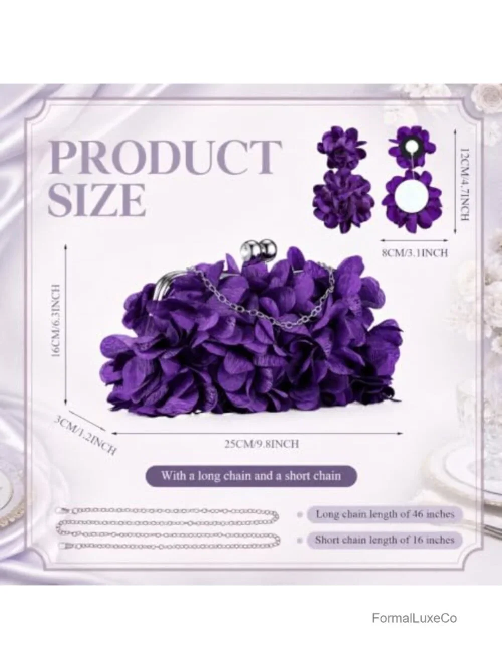 Floral Clutch Purse & Dangle Earrings Set with 2 Detachable Chains for Wedding